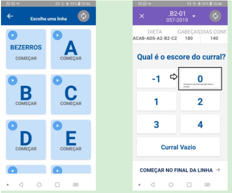 Lançamento de escore de cocho direto no aplicativo, realizando os ajustes do trato de forma automática ou conforme sugestão do responsável