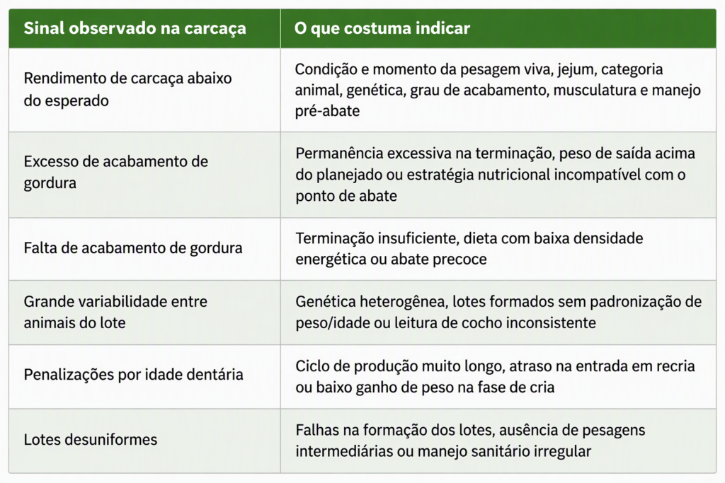 Quadro que relaciona desvios nos dados de avaliação de carcaça bovina aos gargalos da fazenda, da genética ao manejo pré-abate